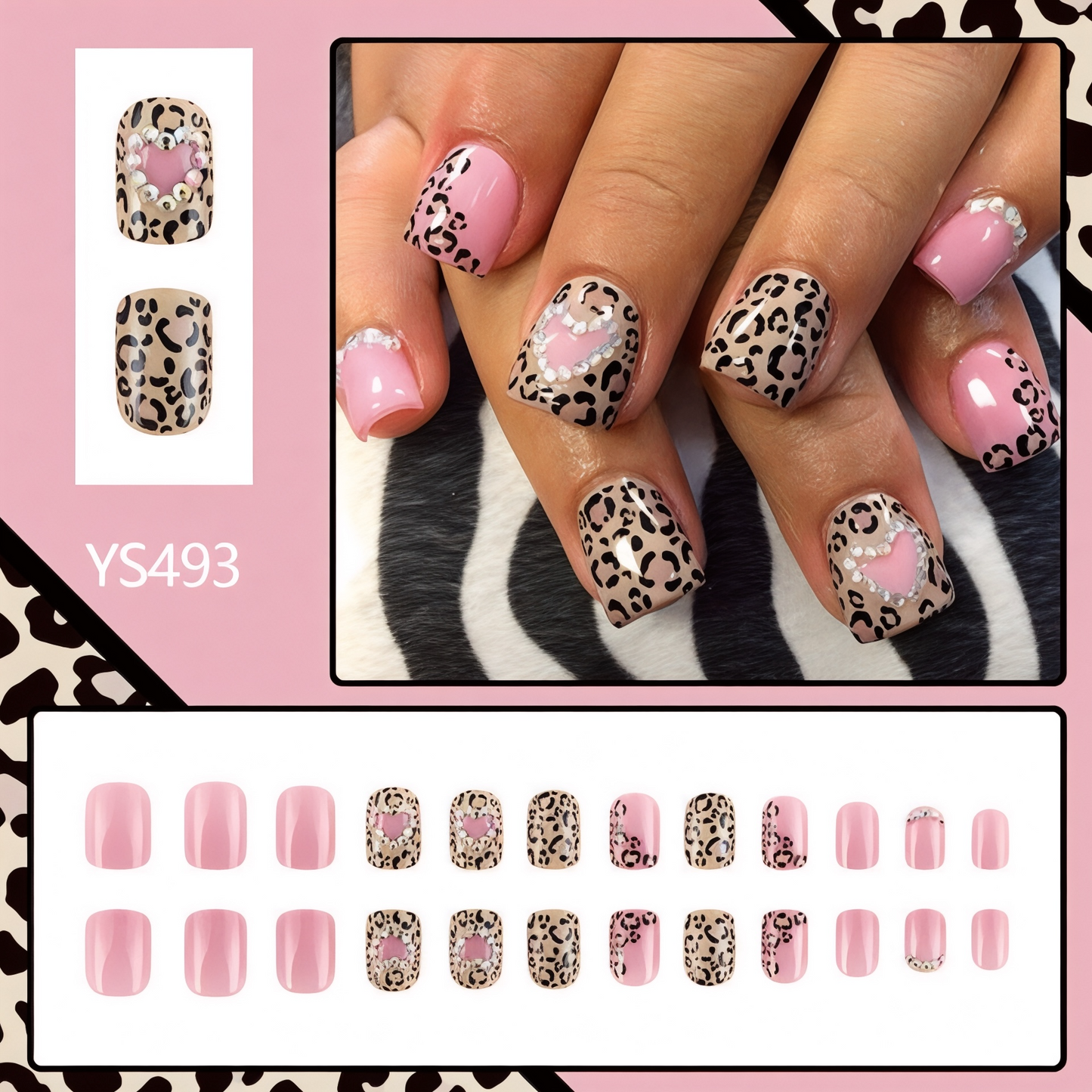 2025 Valentine’s Day Pink & Leopard Print with Rhinestones Glue-On Fake Nail Set of 24 （Glue & Rubbed Strips Included)