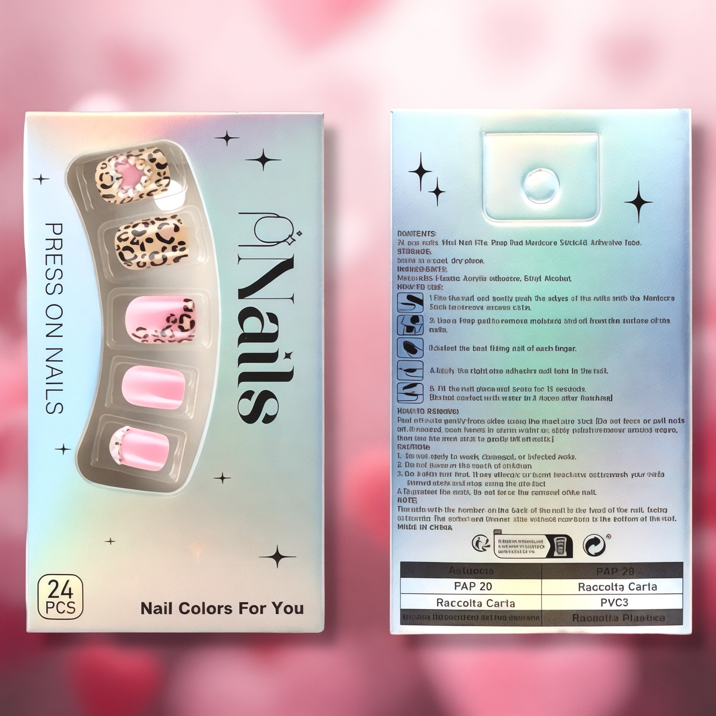 2025 Valentine’s Day Pink & Leopard Print with Rhinestones Glue-On Fake Nail Set of 24 （Glue & Rubbed Strips Included)