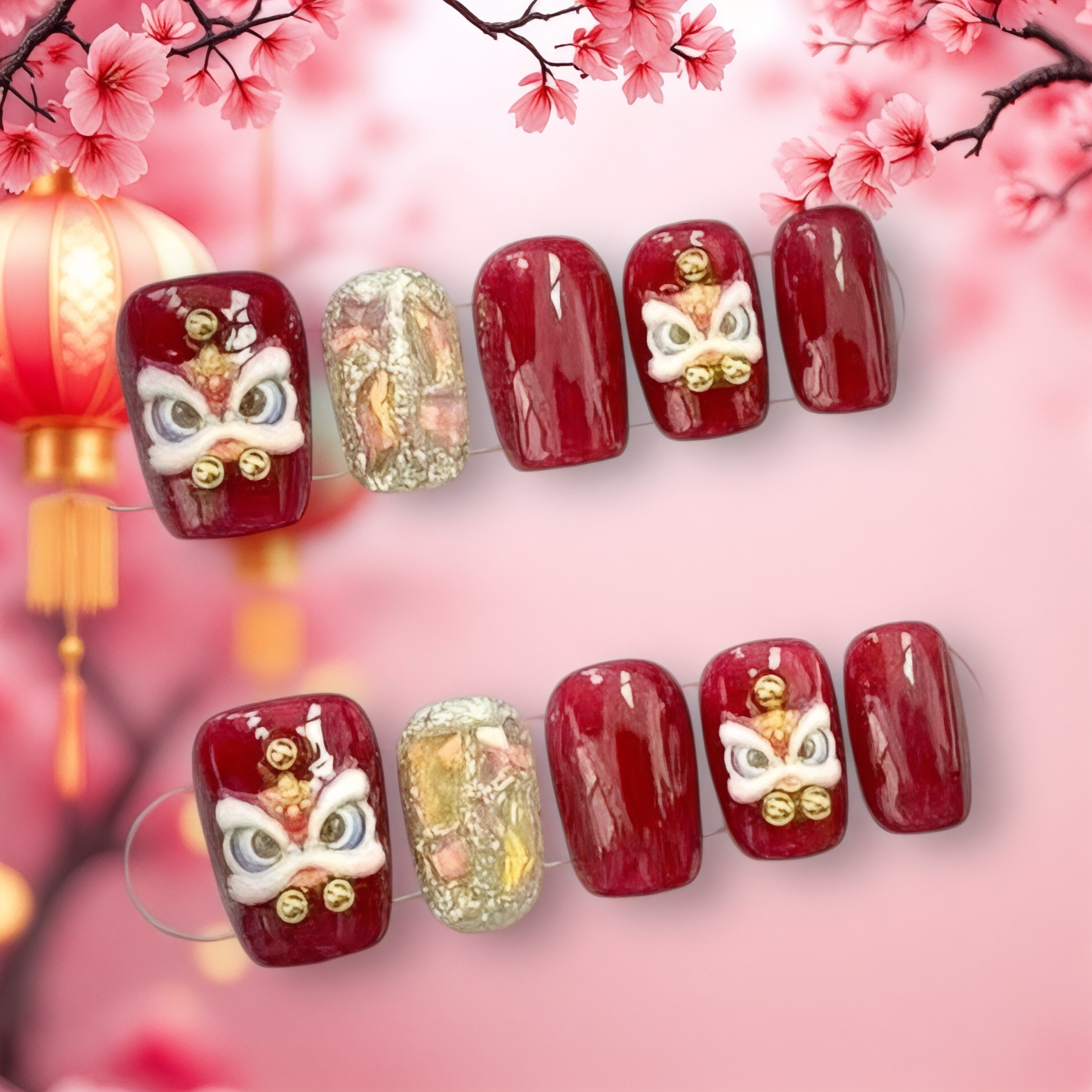 2025 Lunar New Year 3D & Glitter Cerise Glue-On Fake Nail Set  ($100 for 5 Sets)