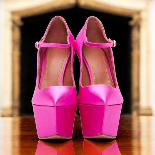 Platform Point Toe Ankle-Straps High Heels; Satin & Patent Leather in 2 Colours