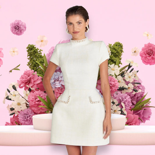EXECUTIVE PARTY OUTFITS | Luxurious Elegant Tweed Detail Beaded Pockets Slim Fit Short Sleeves A-Line Mini Dress in Black and White