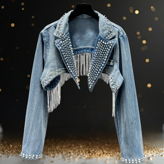 COWBOY PARTY | Sparkling Crystals Studs Fringed Cropped Denim Jacket