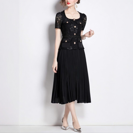 2025SS Pleated Chiffon Lace & Decorative Buttons Midi Dress in Black and White; Plus Size Up to 3XL