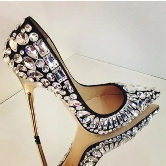 Luxury Crystals Point Toe Golden Stiletto Heels