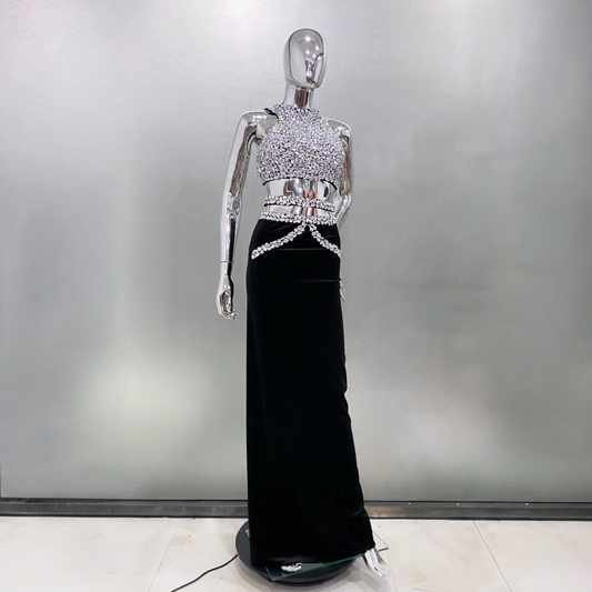 Sparkling Crystals Bodycon Maxi Skirt Party Outfit Set