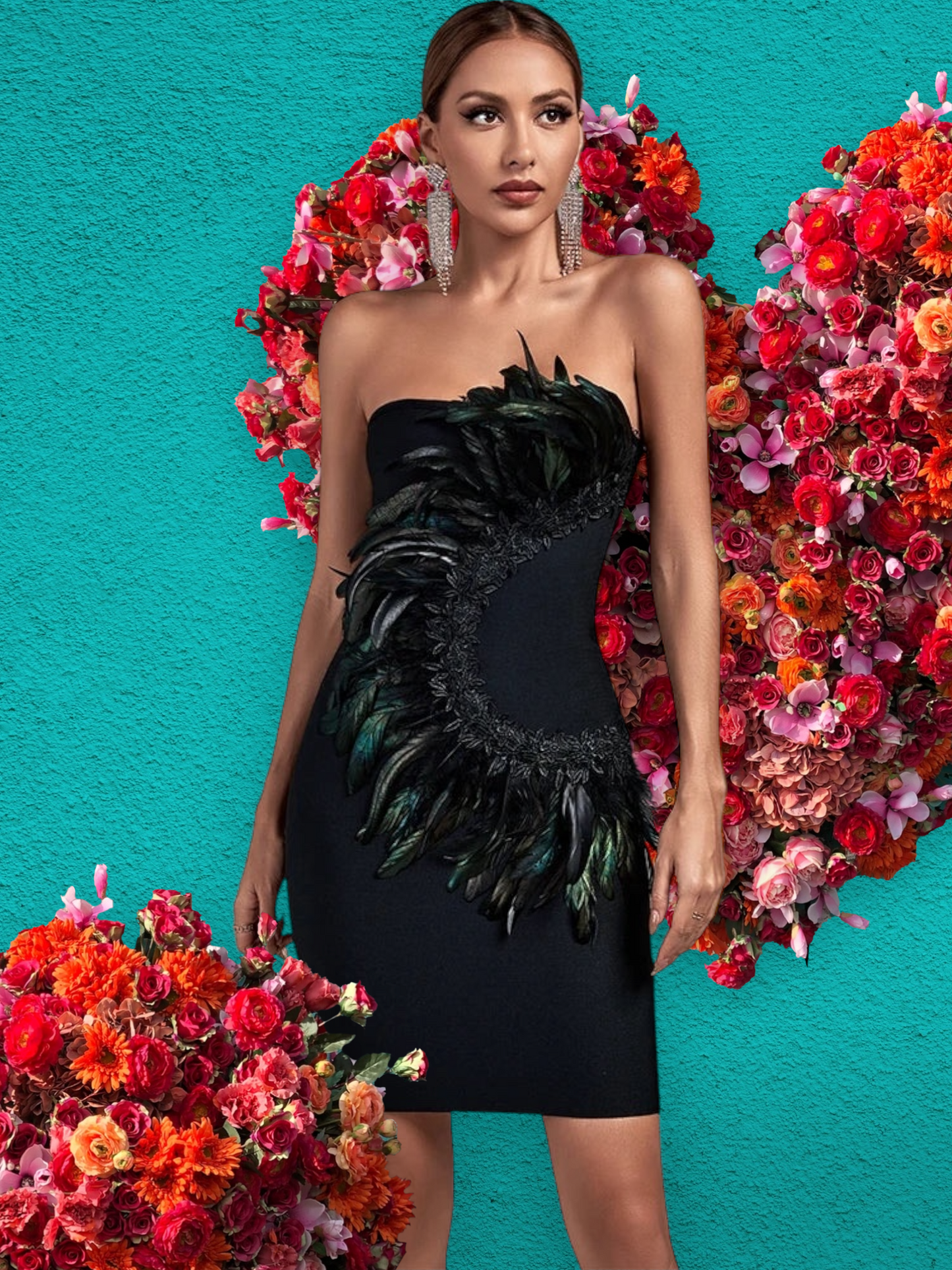 Elegant Feather Strapless Bodycon Party Dress; Low in Inventory