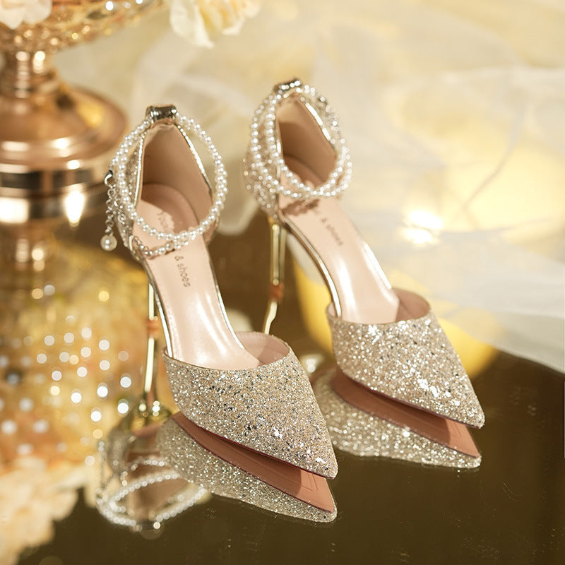 Elegant Champagne Crystal Bridal Shoes with Pearl Chain  (Customization)