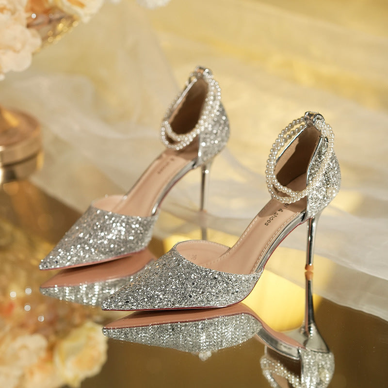 Elegant Champagne Crystal Bridal Shoes with Pearl Chain  (Customization)