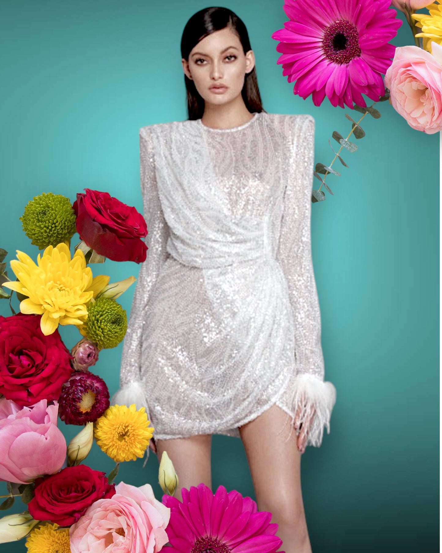 PRE ORDER | High Quality Ruched Sequin Cuff Feather Trim Round Neck Semi-Sheer Mini Dress