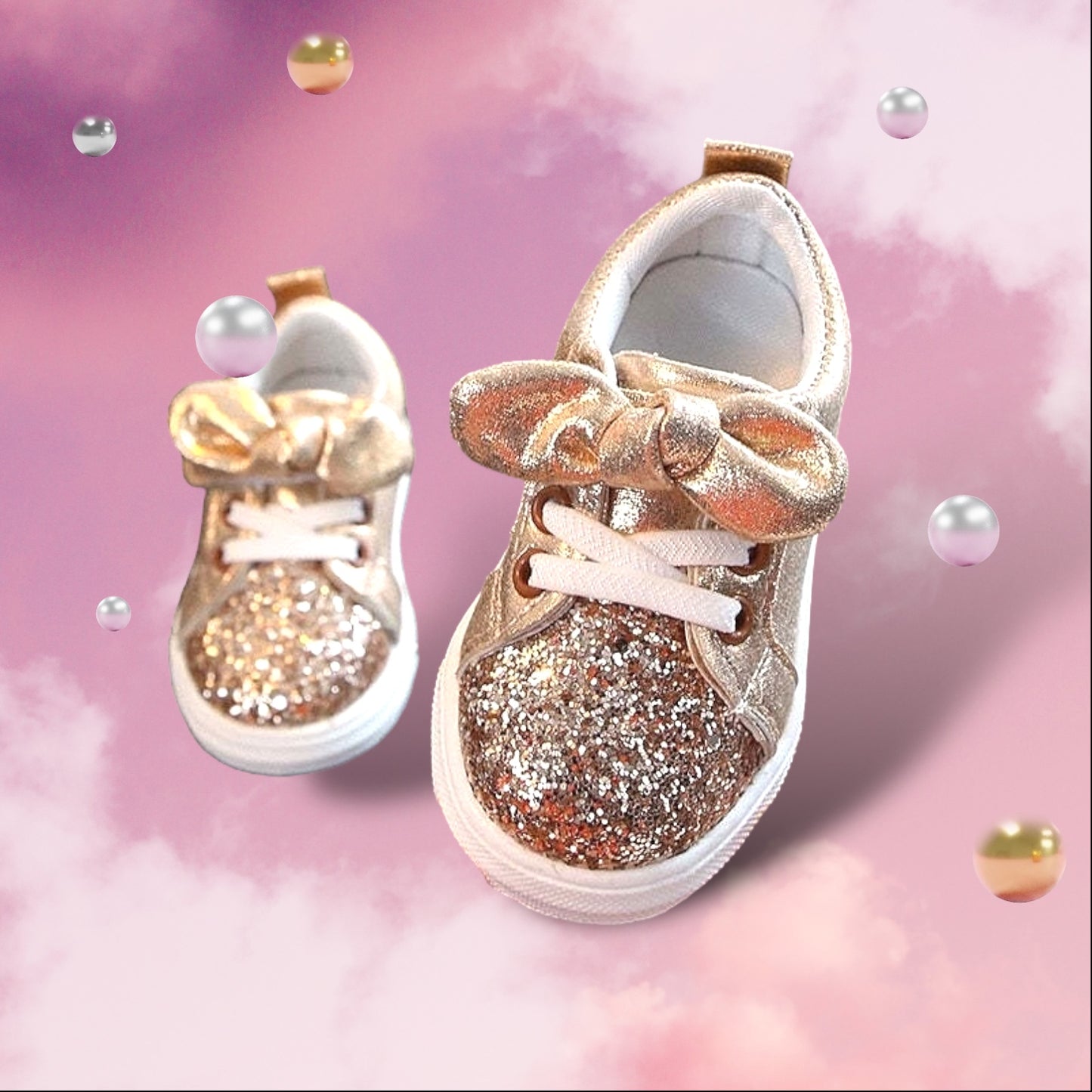 Sparkle Bow Sneakers for Toddlers in Metallic Gold/Pink/Silver （Buy one get a $40 Item FREE)