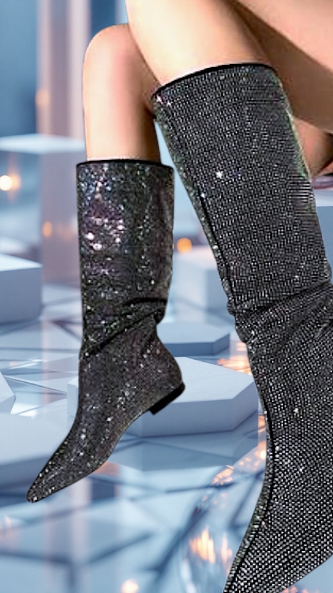 High -quality Starry Rhinestones Pointed Toe Length Knee High Boots