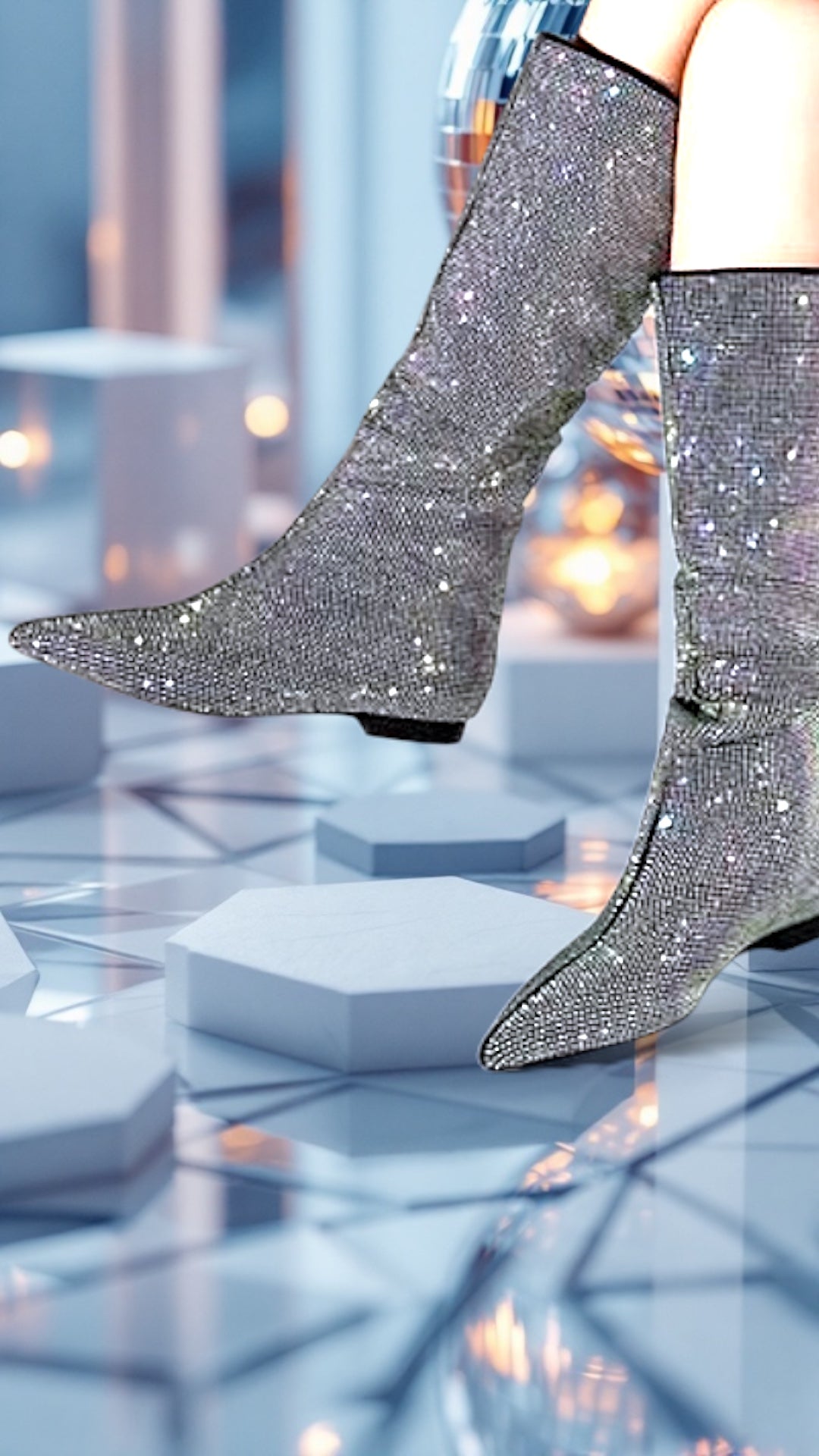 High -quality Starry Rhinestones Pointed Toe Length Knee High Boots