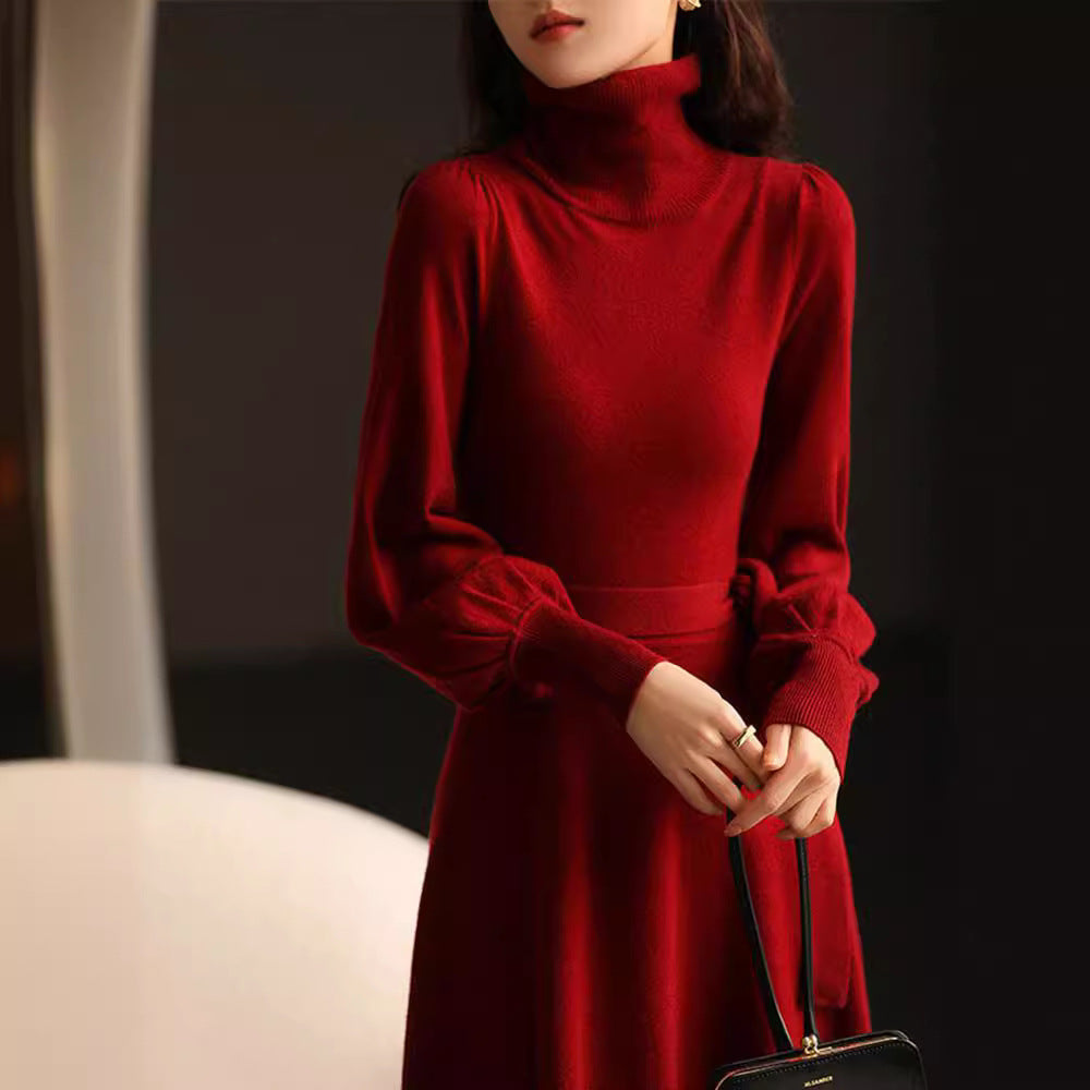 French Style Combined Cotton Knitted Turtleneck Balloon Long Sleeve Tied A-Line Dress in 2 Colours