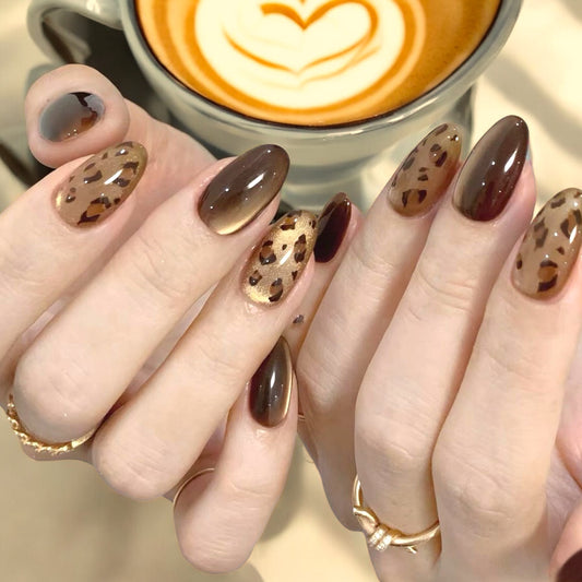 2025SS Leopard & Eye Cat Moka Coffee Oval Glue-On Fake Nail Set (30 Pieces)