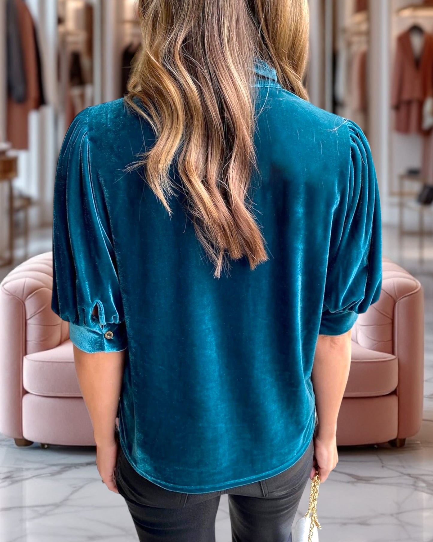 Velvet Tie Neck Half Puff Sleeve Blouse