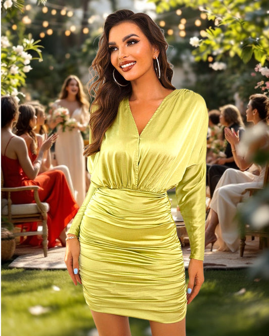 Open Back Ruched Long Sleeve Dress in Lime Colour