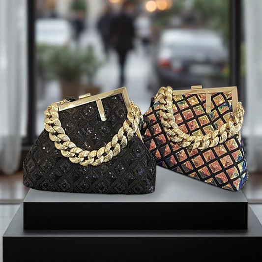 2025 Sequin Metallic Textured Metal Chain Convertible Shoulder Strap Handbag in 5 Trendy Colours