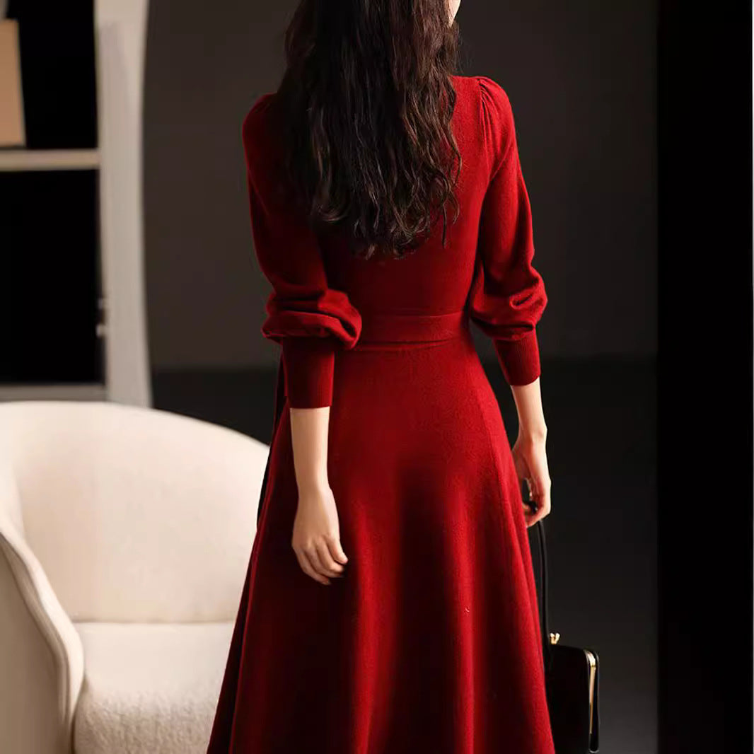 French Style Turtleneck Knitted Lantern Long Sleeve Sweater MIDI Dress