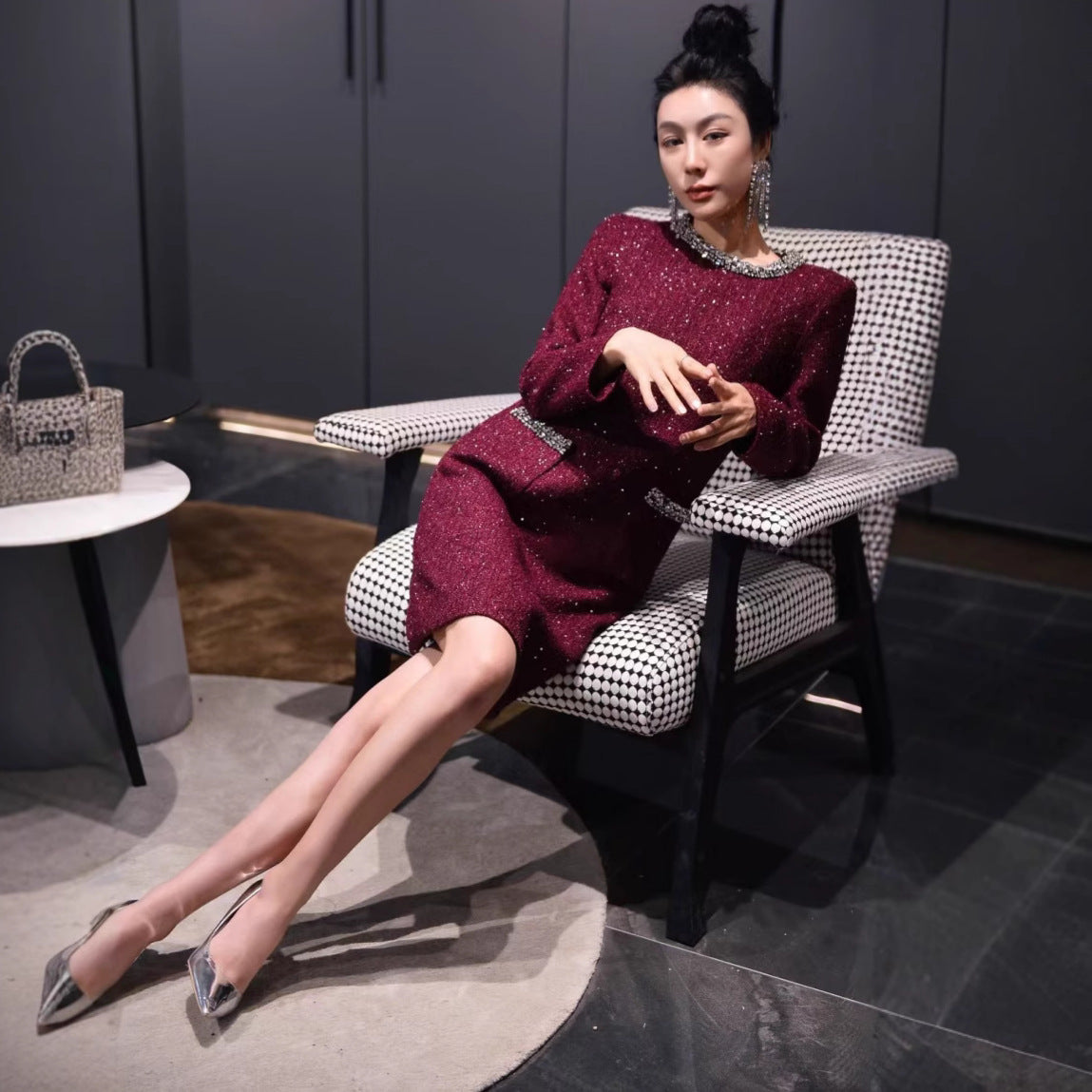 European Station 2024 Autumn And Winter New Socialite Xiaoxiang Wool Tweed Heavy Sequins Diamond Waist Dress