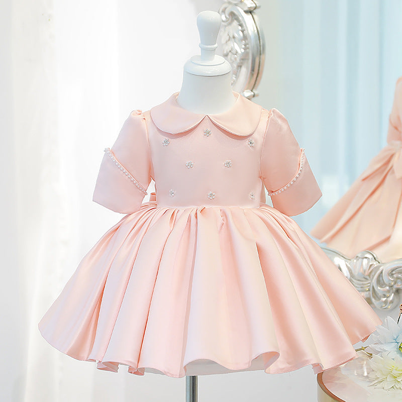 2025SS PRE ORDER | 3 Yr - 8 Yr Short Sleeves Round Neck Collared Flare Dress with Bow and Pearl Details