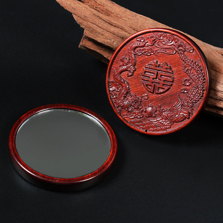 Red Sandalwood Antique Small Round Mirror Dragon And Phoenix Chengxiang Retro Carved Mirror Portable Makeup Mirror Wedding Chinese Mirror