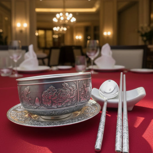 S999 Pure Silver Antique-Style Luxurious Silver Bowl, Spoon, And Chopstick Set With Dragon And Phoenix Design, Household Edible-Grade Snowflake Silver Tableware