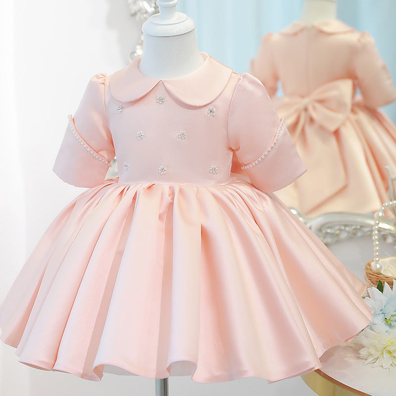 2025SS PRE ORDER | 3 Yr - 8 Yr Short Sleeves Round Neck Collared Flare Dress with Bow and Pearl Details