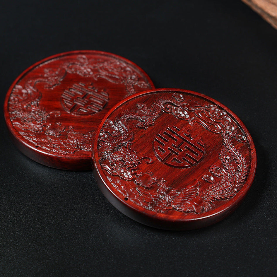 Red Sandalwood Antique Small Round Mirror Dragon And Phoenix Chengxiang Retro Carved Mirror Portable Makeup Mirror Wedding Chinese Mirror