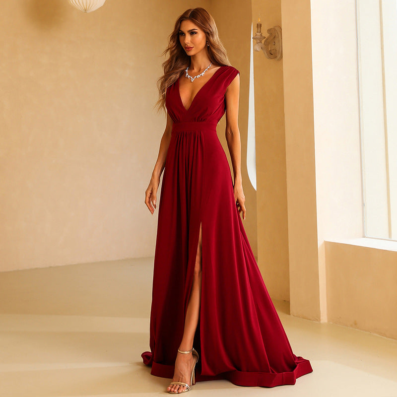 Elegant Slit Plunging Neckline Emipre Waist Backless Maxi Dress