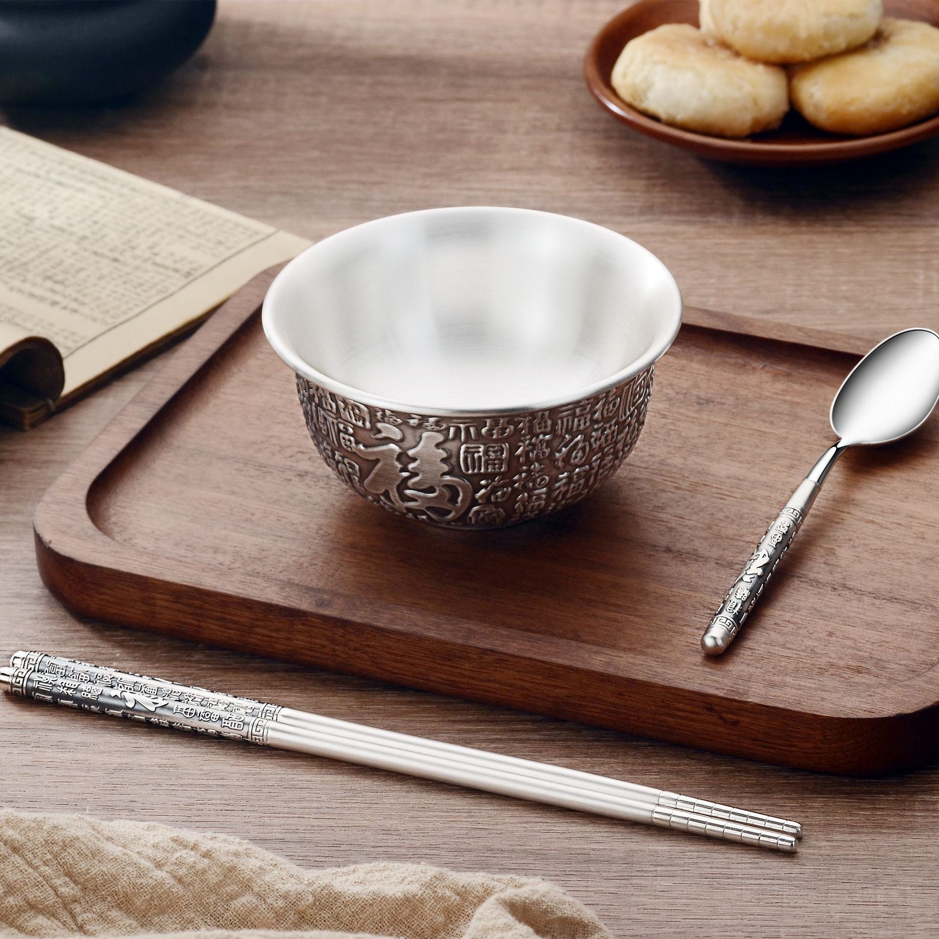 Silver Bowl 999 Sterling Silver Set Genuine Household Baby Snowflake Silver Bowls, Chopsticks, Silver Chopsticks And Spoon Three-Piece Set