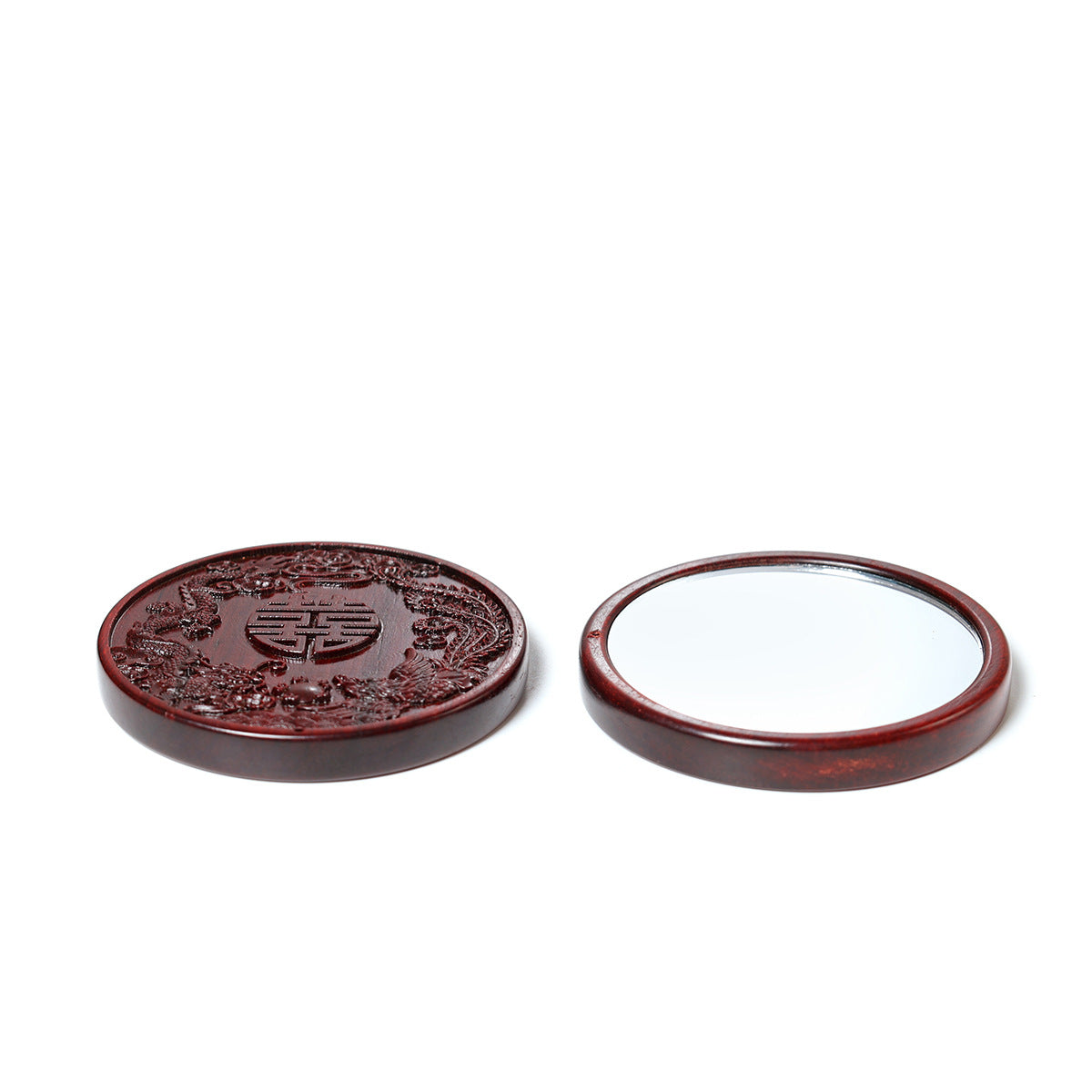 Red Sandalwood Antique Small Round Mirror Dragon And Phoenix Chengxiang Retro Carved Mirror Portable Makeup Mirror Wedding Chinese Mirror