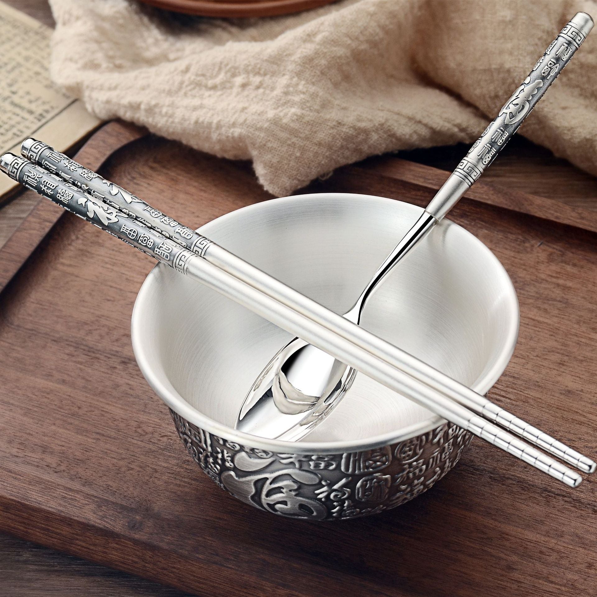 Silver Bowl 999 Sterling Silver Set Genuine Household Baby Snowflake Silver Bowls, Chopsticks, Silver Chopsticks And Spoon Three-Piece Set