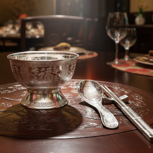S999 Pure Silver Engraved FU 福; Silver Bowl, Spoon And Chopsticks Set in a Gift Box
