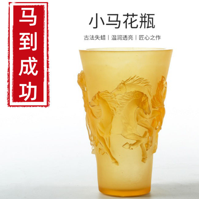 Ancient Glass Horse Vase Ornaments Zodiac Mascot High-End Niche Living Room Decorations Dried Flowers Handmade