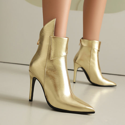 2024AW Metallic Faux Leather Pointed High-Heel Ankle Boots (11cm) in 4 Trendy Colours