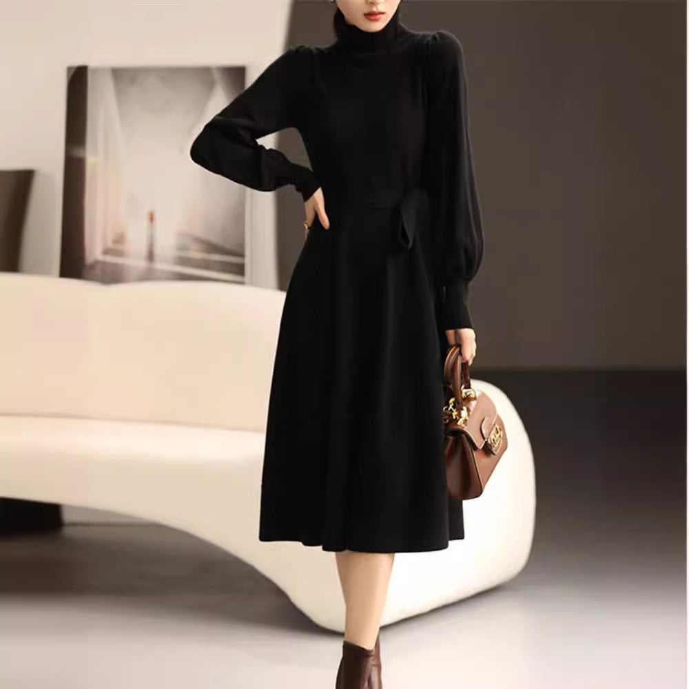 French Style Turtleneck Knitted Lantern Long Sleeve Sweater MIDI Dress