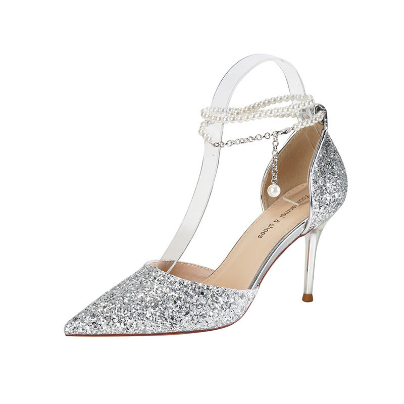 Elegant Champagne Crystal Bridal Shoes with Pearl Chain  (Customization)