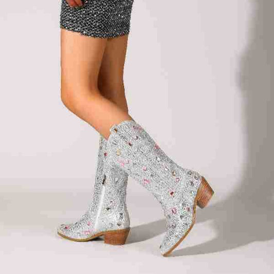 PROM | 2025 Pointed Toe Metallic Rhinestone Mid-Heel Cowboy Boots For Women in 2 Colours