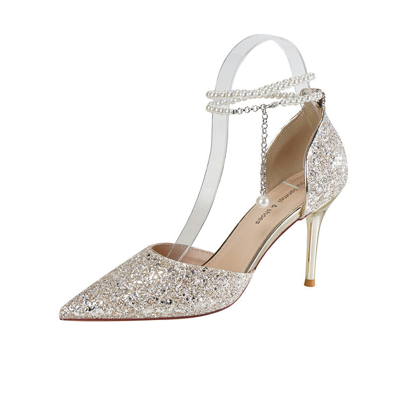 Elegant Champagne Crystal Bridal Shoes with Pearl Chain  (Customization)