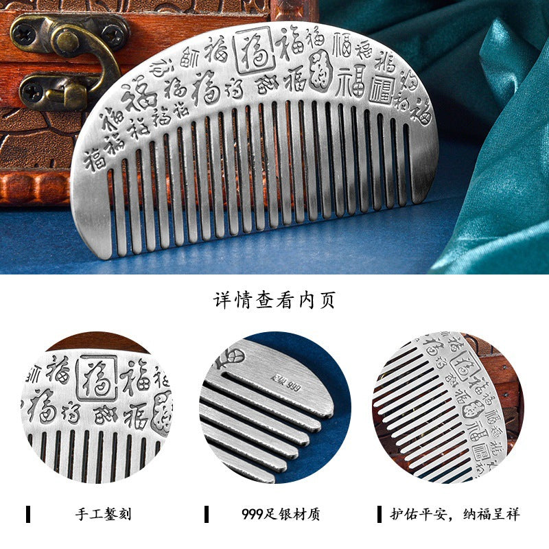 999 Pure Silver Hundred Blessings Comb Silver Hair Comb Women's Mother's Day Gift For Mom Girlfriend Silver Comb Craft
