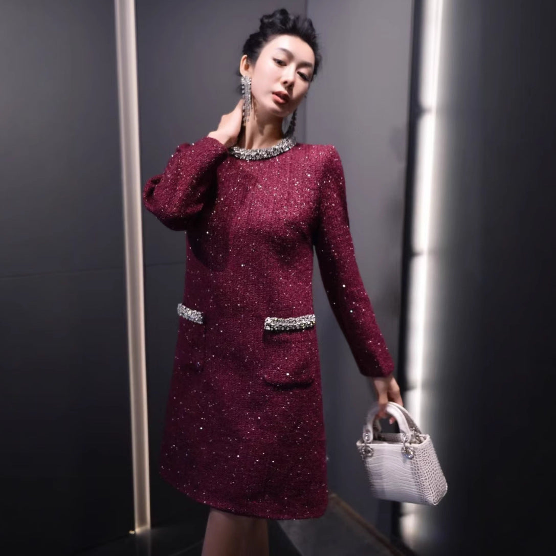 European Station 2024 Autumn And Winter New Socialite Xiaoxiang Wool Tweed Heavy Sequins Diamond Waist Dress