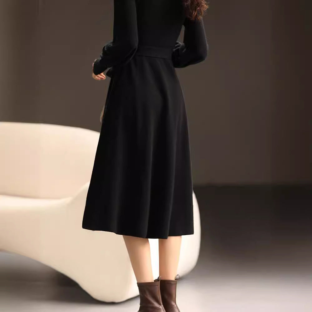 French Style Turtleneck Knitted Lantern Long Sleeve Sweater MIDI Dress