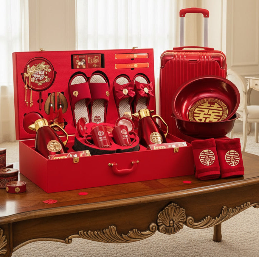 Complete Set Of Wedding Dowry Items For The Woman's Family, High-End Wedding Red Suitcase, Dowry And Wedding Supplies