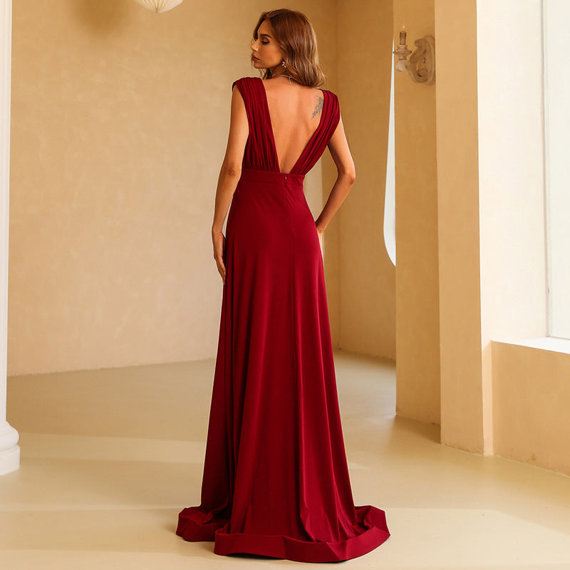 Elegant Slit Plunging Neckline Emipre Waist Backless Maxi Dress