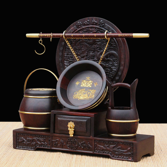 Rosewood Solid Wood Ancestor And Descendant Bucket Ornaments, Red Rosewood Carved Ancestor And Descendant Treasure Bucket Three-Piece Set, Wedding Celebration Gift Dowry Toilet