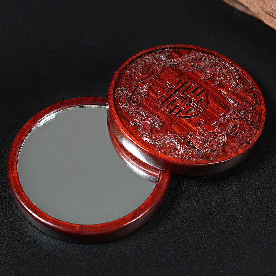 Red Sandalwood Antique Small Round Mirror Dragon And Phoenix Chengxiang Retro Carved Mirror Portable Makeup Mirror Wedding Chinese Mirror