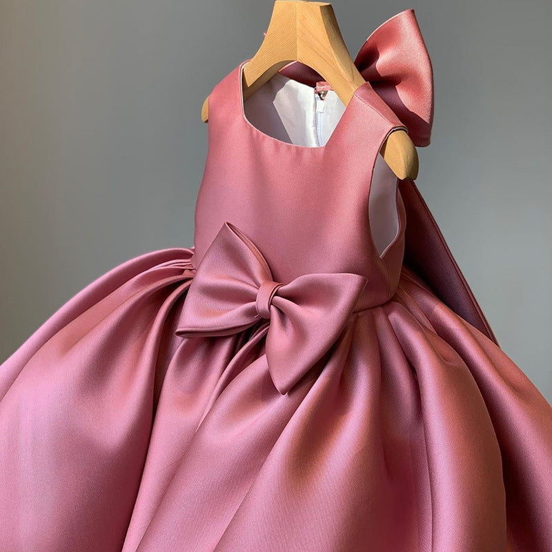 Satin Bow Girl’s Summer Flared Ceremony Dress in 4 Colours; Size 1 Yr to 16 Yr