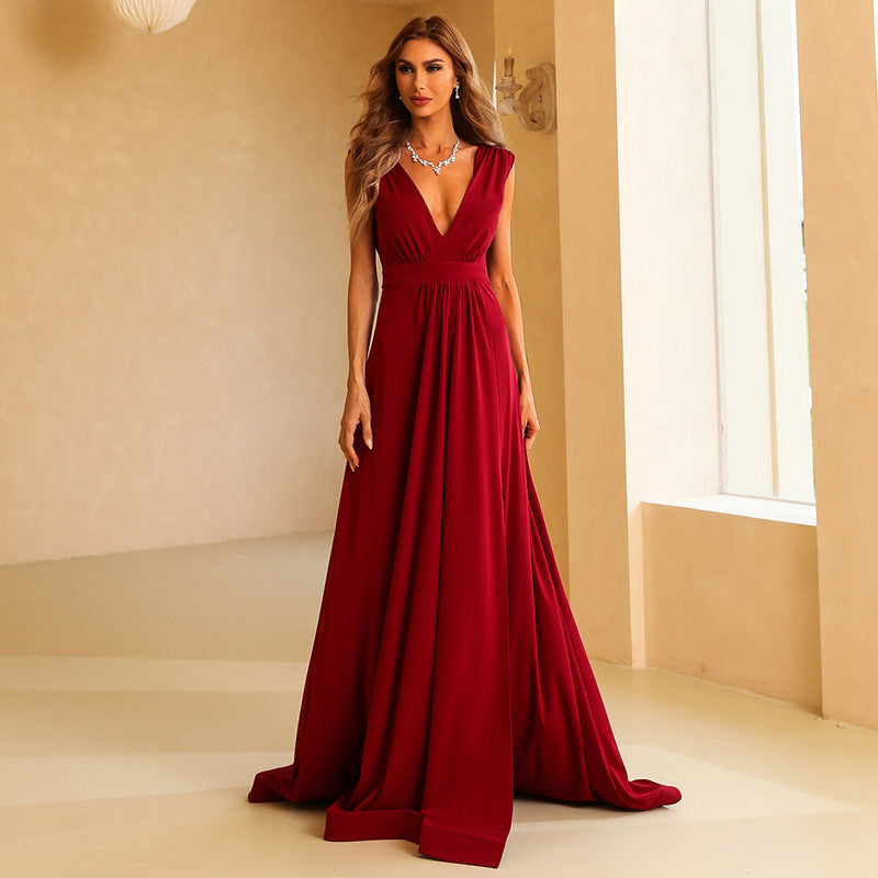 Elegant Slit Plunging Neckline Emipre Waist Backless Maxi Dress