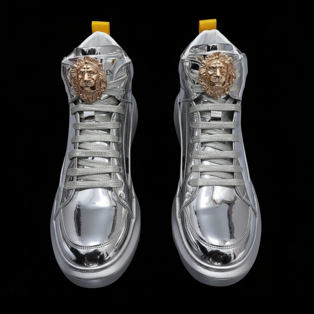 Men’s Designer Golden and Sliver Patent Leather High Top Sneakers