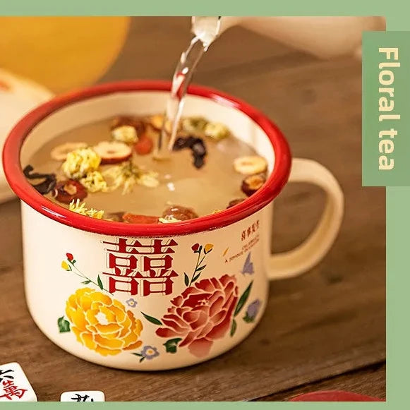 WEDDING HOUSEWARMING GIFTS | DOUBLE HAPPINESS FLORAL Enamel Cups and Cooking Pots with Lid